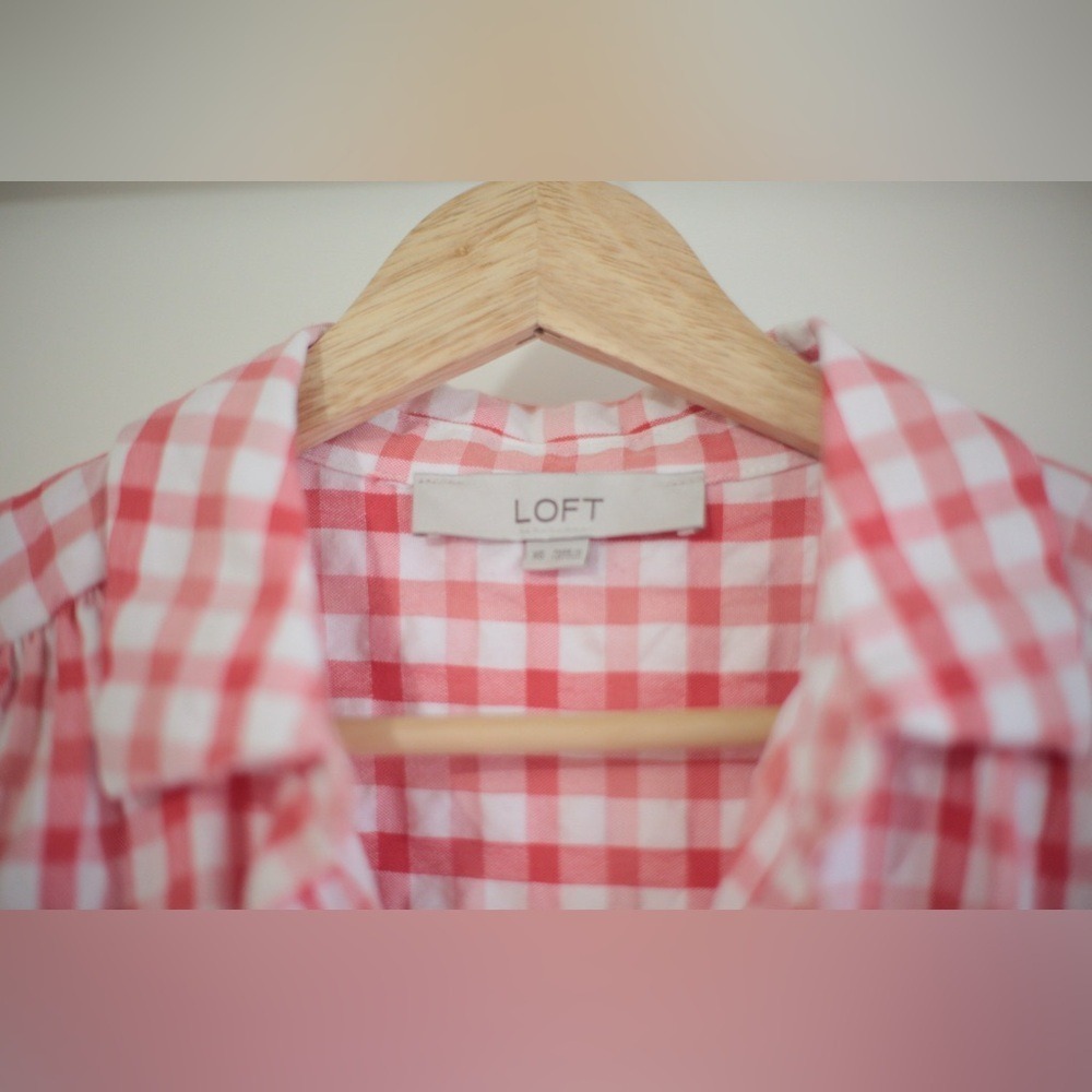 LOFT Pink White Plaid Collared Button-Up Blouse | Short Sleeve | XS - Picture 5 of 9